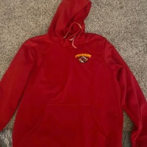 red hoodie, very comfy